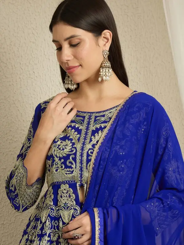 Blue Embroidered A-Line Kurta Palazzo Set with Plain Dupatta
