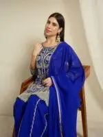 Blue Embroidered A-Line Kurta Palazzo Set with Plain Dupatta