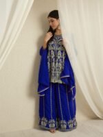 Blue Embroidered A-Line Kurta Palazzo Set with Plain Dupatta