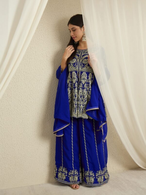 Blue Embroidered A-Line Kurta Palazzo Set with Plain Dupatta