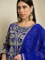 Blue Embroidered A-Line Kurta Palazzo Set with Plain Dupatta