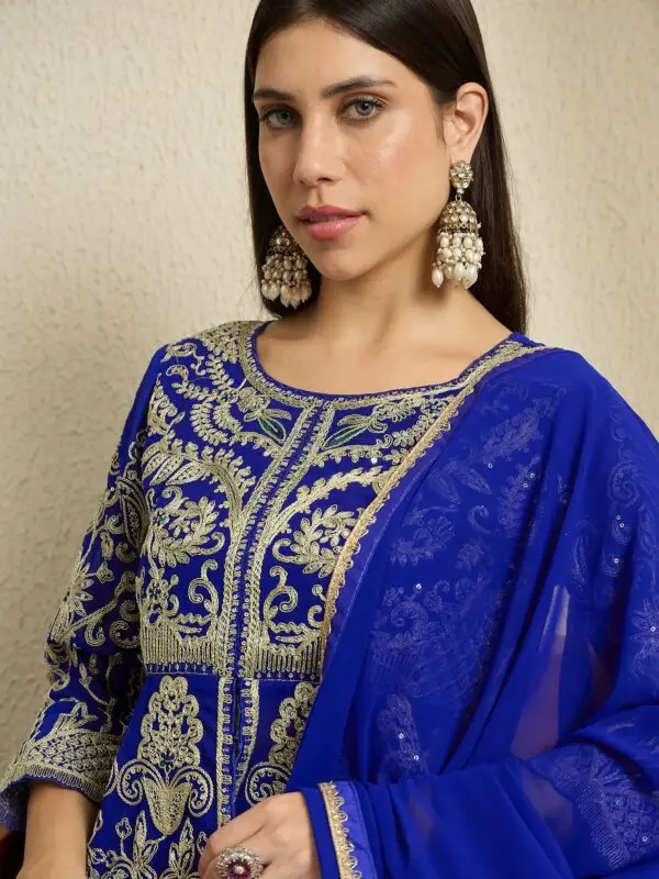 Blue Embroidered A-Line Kurta Palazzo Set with Plain Dupatta