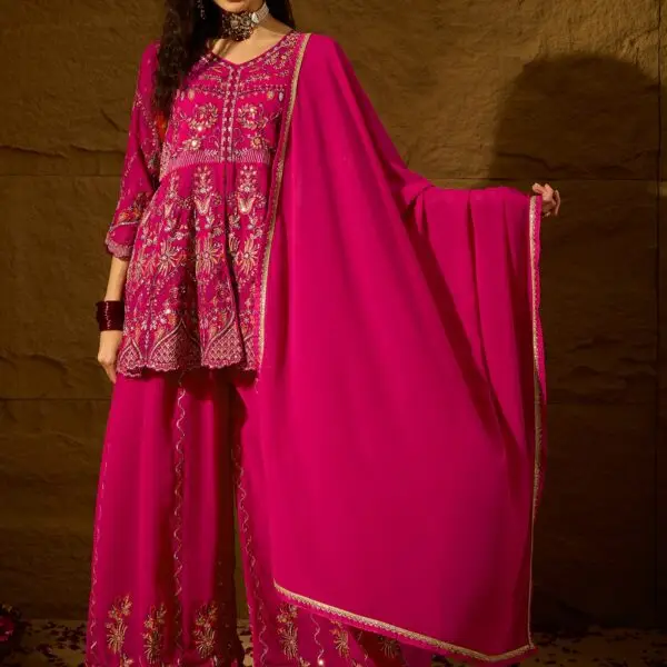 Pink Embroidered Flared Kurta Palazzo Set | V Neck | Above Knee Top