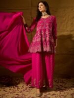 Pink Embroidered Flared Kurta Palazzo Set | V Neck | Above Knee Top
