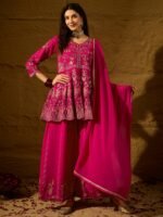 Pink Embroidered Flared Kurta Palazzo Set | V Neck | Above Knee Top