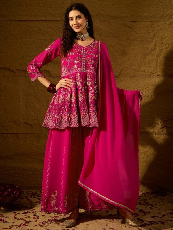 Pink Embroidered Flared Kurta Palazzo Set | V Neck | Above Knee Top