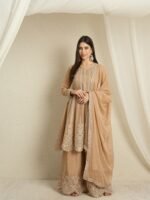Coffee Embroidered A-line Kurta Palazzo Set | Round Neck | Knee Length
