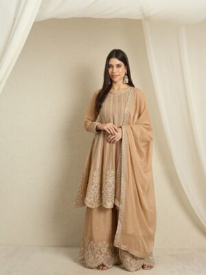 Coffee Embroidered A-line Kurta Palazzo Set | Round Neck | Knee Length