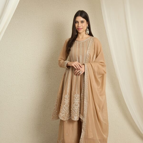 Coffee Embroidered A-line Kurta Palazzo Set | Round Neck | Knee Length