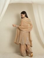 Coffee Embroidered A-line Kurta Palazzo Set | Round Neck | Knee Length