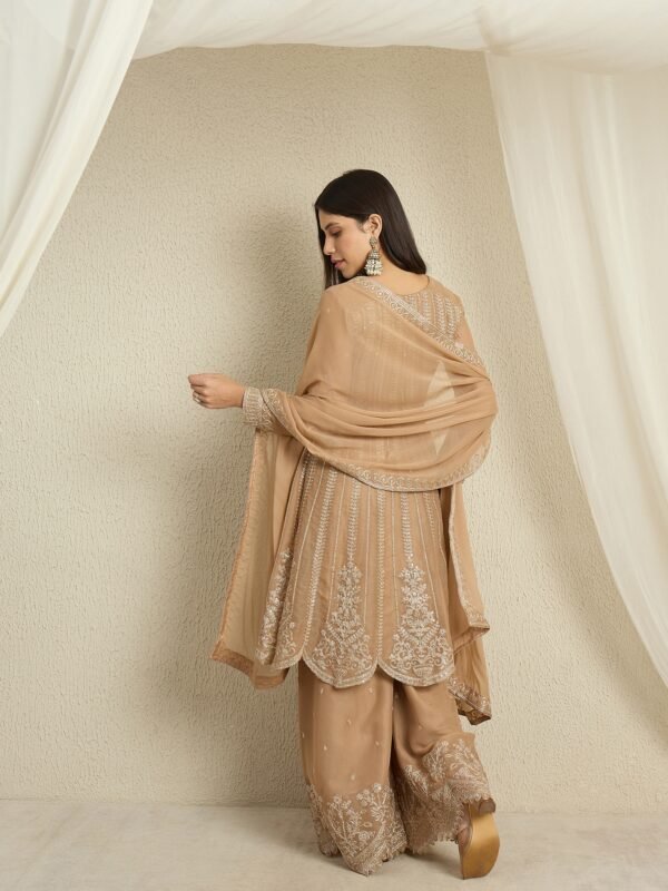 Coffee Embroidered A-line Kurta Palazzo Set | Round Neck | Knee Length
