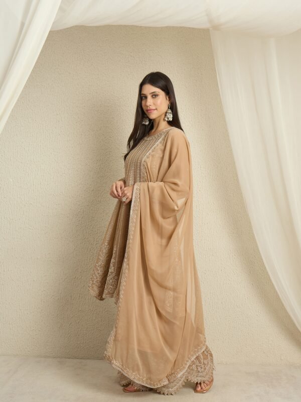 Coffee Embroidered A-line Kurta Palazzo Set | Round Neck | Knee Length