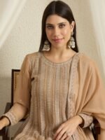 Coffee Embroidered A-line Kurta Palazzo Set | Round Neck | Knee Length