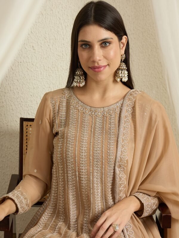 Coffee Embroidered A-line Kurta Palazzo Set | Round Neck | Knee Length