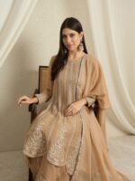 Coffee Embroidered A-line Kurta Palazzo Set | Round Neck | Knee Length