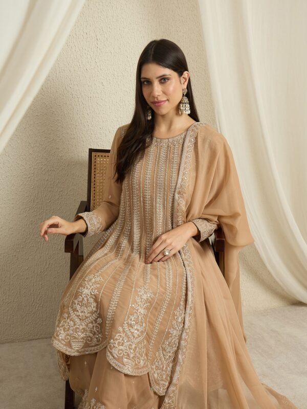 Coffee Embroidered A-line Kurta Palazzo Set | Round Neck | Knee Length