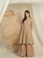 Coffee Embroidered A-line Kurta Palazzo Set | Round Neck | Knee Length