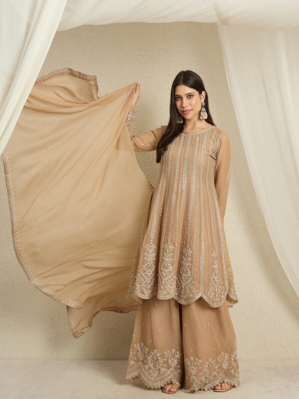 Coffee Embroidered A-line Kurta Palazzo Set | Round Neck | Knee Length