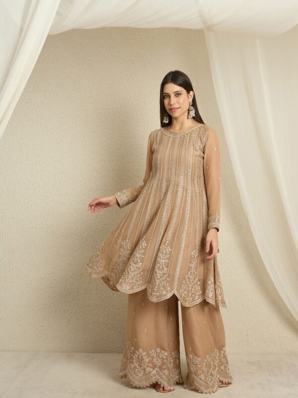 Coffee Embroidered A-line Kurta Palazzo Set | Round Neck | Knee Length