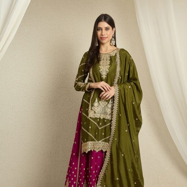 Mehendi Embroidered Chinon Lehenga Set | Round Neck | Knee Length Top