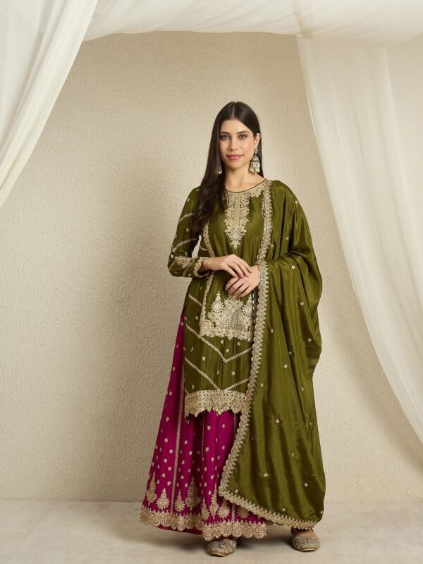 Mehendi Embroidered Chinon Lehenga Set | Round Neck | Knee Length Top