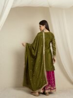 Mehendi Embroidered Chinon Lehenga Set | Round Neck | Knee Length Top