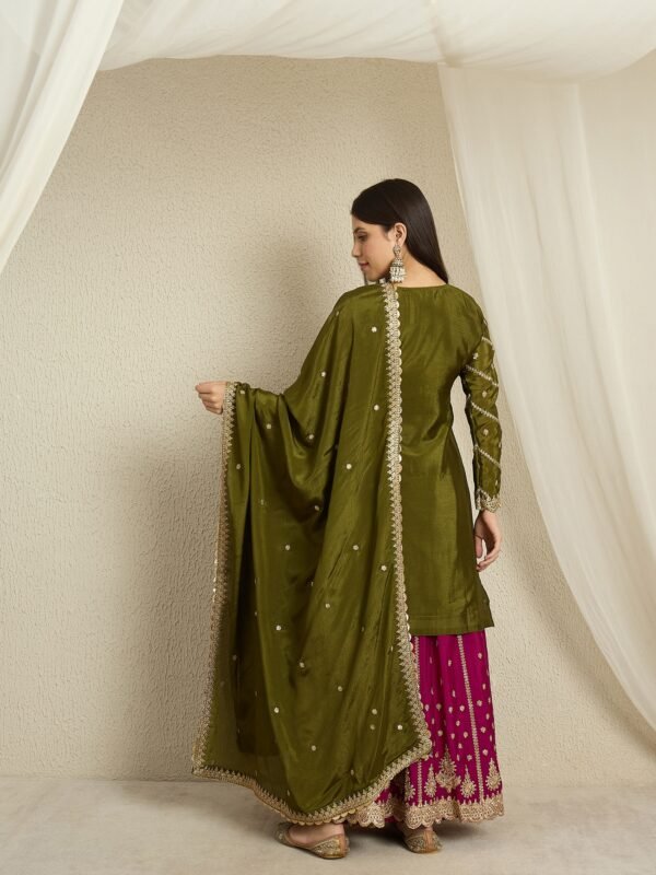 Mehendi Embroidered Chinon Lehenga Set | Round Neck | Knee Length Top