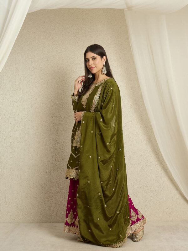 Mehendi Embroidered Chinon Lehenga Set | Round Neck | Knee Length Top