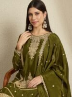 Mehendi Embroidered Chinon Lehenga Set | Round Neck | Knee Length Top