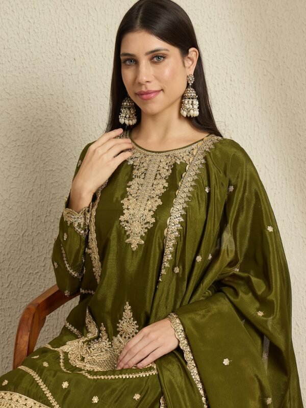 Mehendi Embroidered Chinon Lehenga Set | Round Neck | Knee Length Top