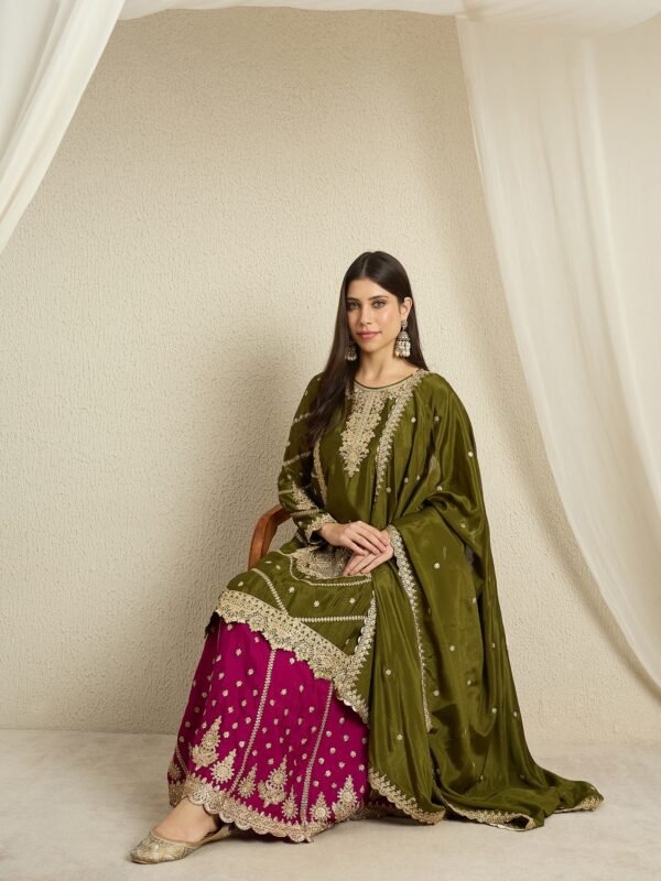 Mehendi Embroidered Chinon Lehenga Set | Round Neck | Knee Length Top