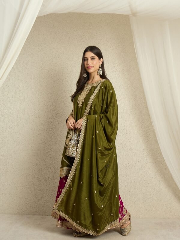 Mehendi Embroidered Chinon Lehenga Set | Round Neck | Knee Length Top
