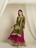 Mehendi Embroidered Chinon Lehenga Set | Round Neck | Knee Length Top