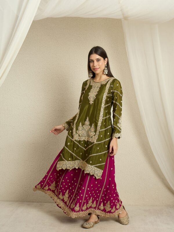 Mehendi Embroidered Chinon Lehenga Set | Round Neck | Knee Length Top