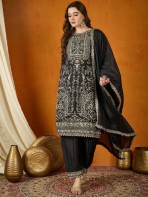 Black Embroidered Chinon Kurta Palazzo Set | Boat Neck | Calf Length