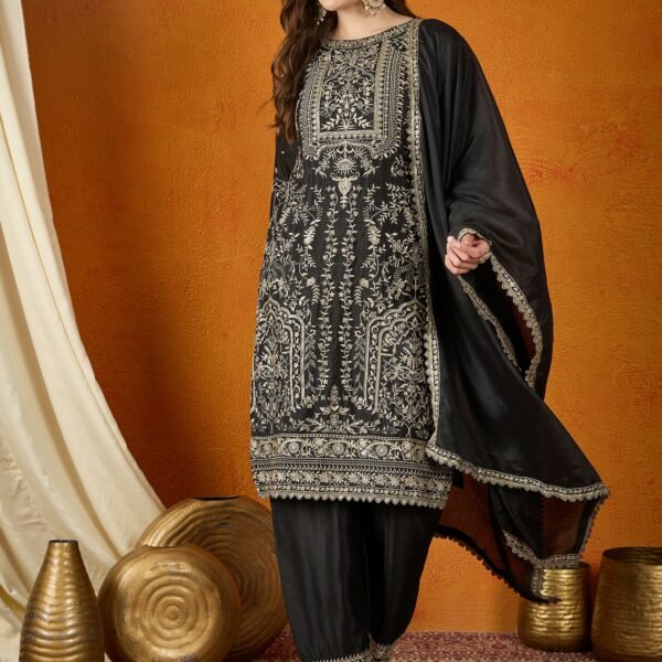 Black Embroidered Chinon Kurta Palazzo Set | Boat Neck | Calf Length