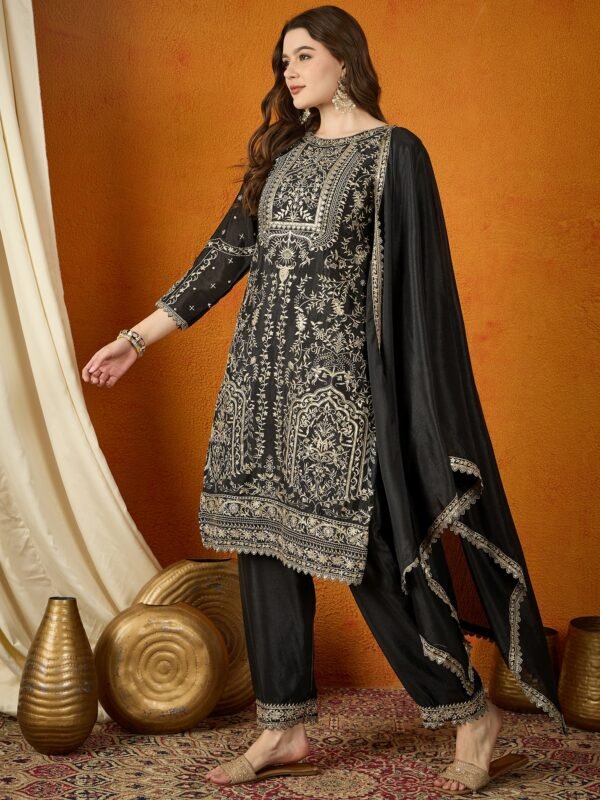 Black Embroidered Chinon Kurta Palazzo Set | Boat Neck | Calf Length