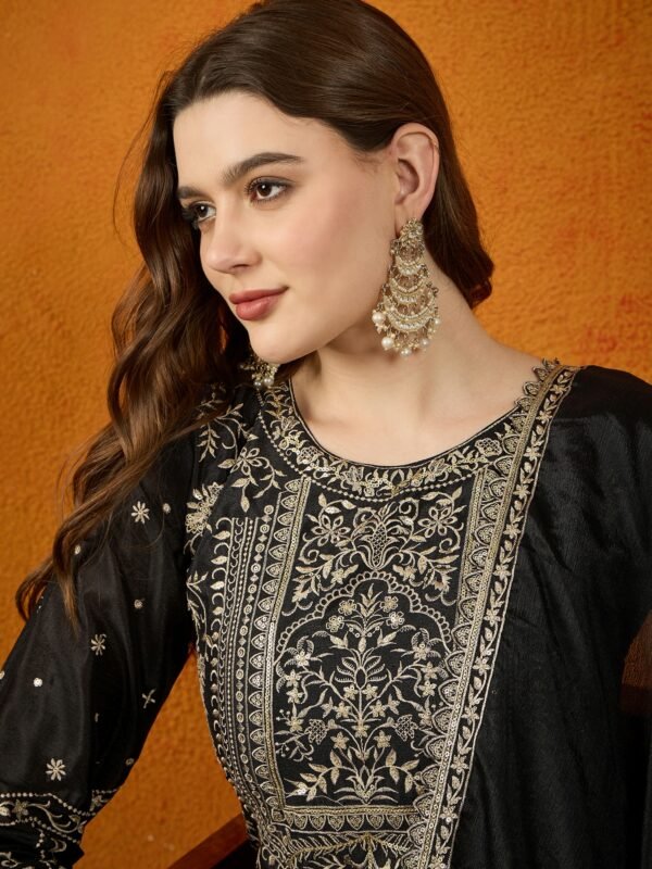 Black Embroidered Chinon Kurta Palazzo Set | Boat Neck | Calf Length