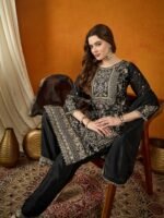 Black Embroidered Chinon Kurta Palazzo Set | Boat Neck | Calf Length
