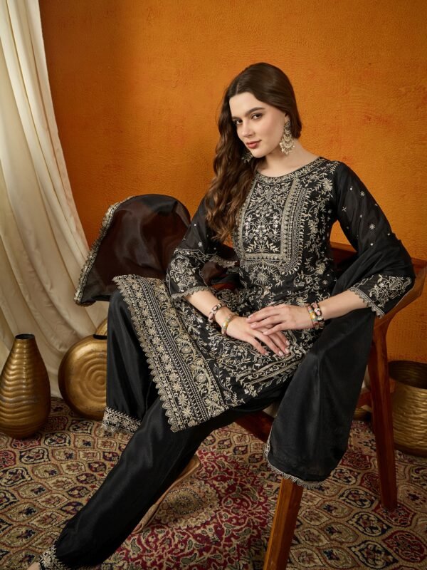 Black Embroidered Chinon Kurta Palazzo Set | Boat Neck | Calf Length