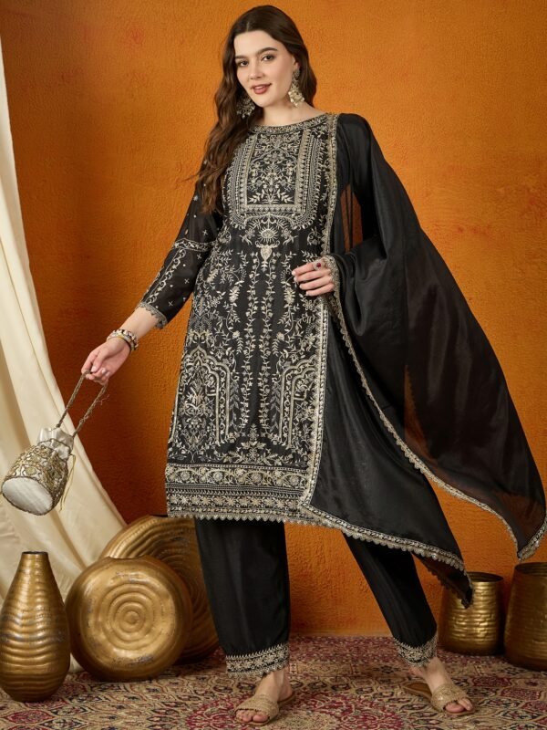 Black Embroidered Chinon Kurta Palazzo Set | Boat Neck | Calf Length