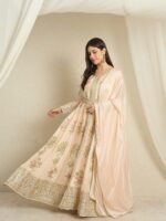 Peach Embroidered Anarkali Kurta Pant Set | V Neck | Full Length