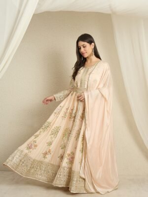 Peach Embroidered Anarkali Kurta Pant Set | V Neck | Full Length