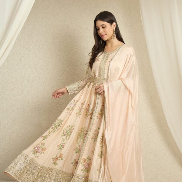 Peach Embroidered Anarkali Kurta Pant Set | V Neck | Full Length