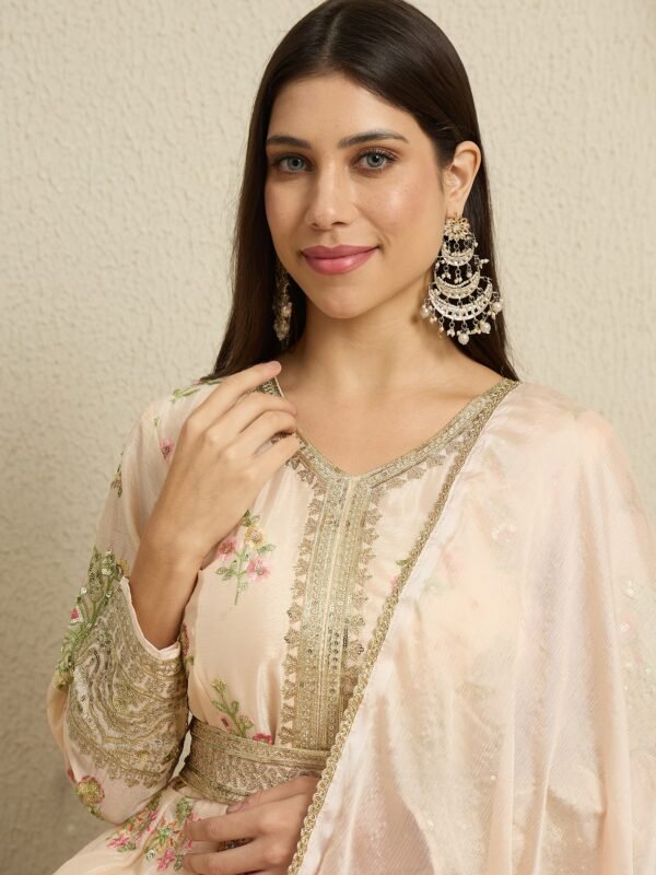 Peach Embroidered Anarkali Kurta Pant Set | V Neck | Full Length