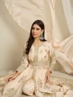 Peach Embroidered Anarkali Kurta Pant Set | V Neck | Full Length