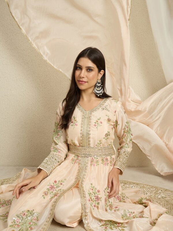 Peach Embroidered Anarkali Kurta Pant Set | V Neck | Full Length