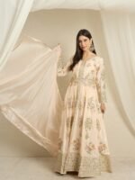 Peach Embroidered Anarkali Kurta Pant Set | V Neck | Full Length