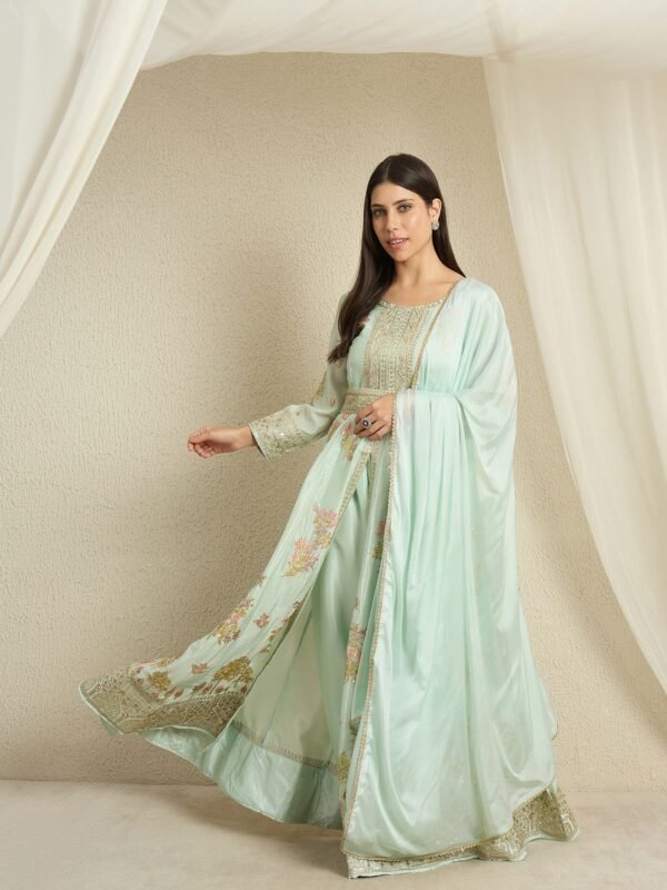 Pista Embroidered Anarkali Kurta Pant Set | V Neck | Full Length