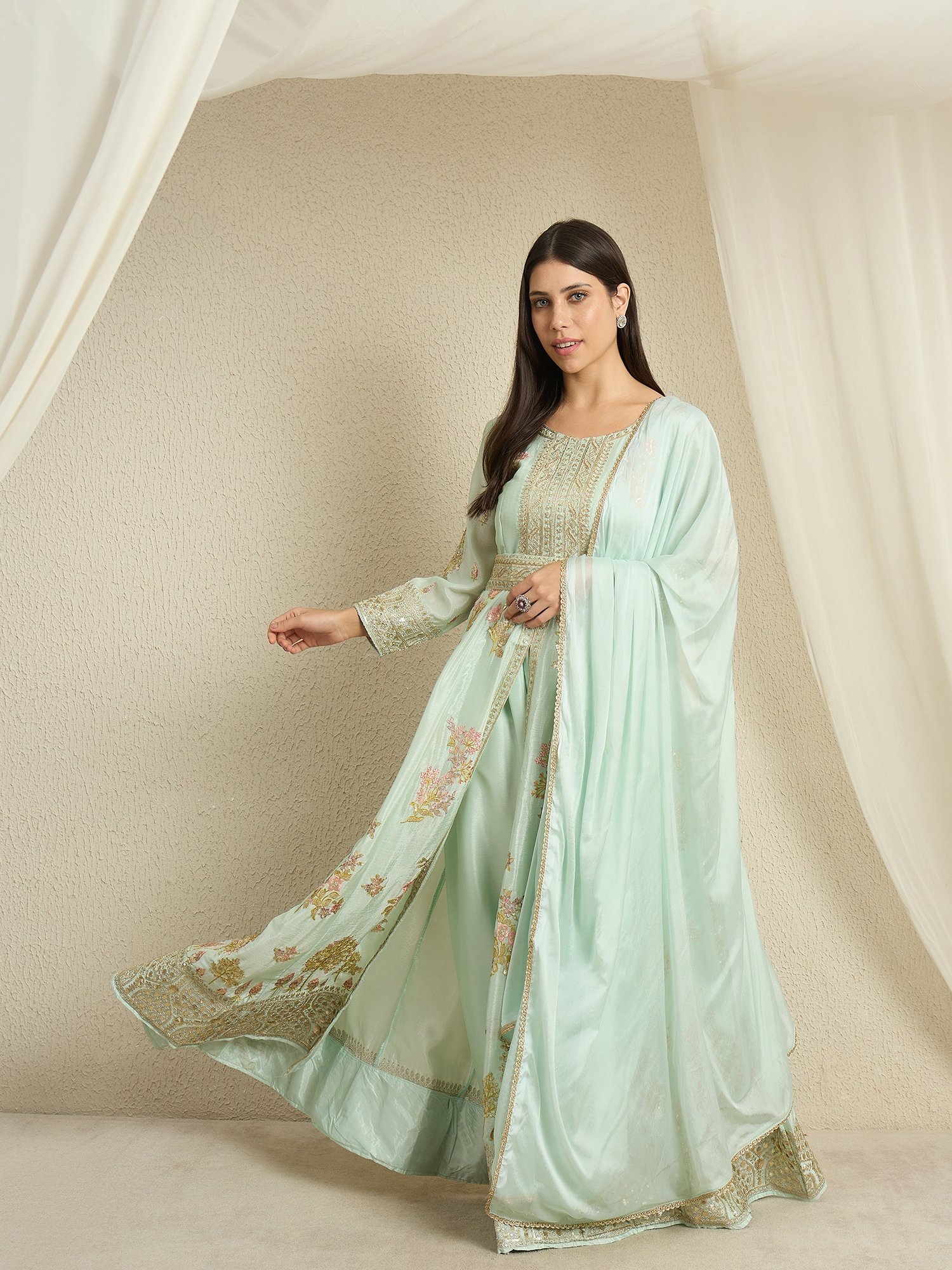 Pista Embroidered Anarkali Kurta Pant Set | V Neck | Full Length